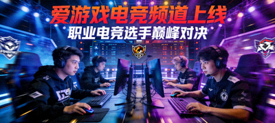 爱游戏电竞频道上线宣传图：职业电竞选手在比赛舞台上激烈对决的瞬间