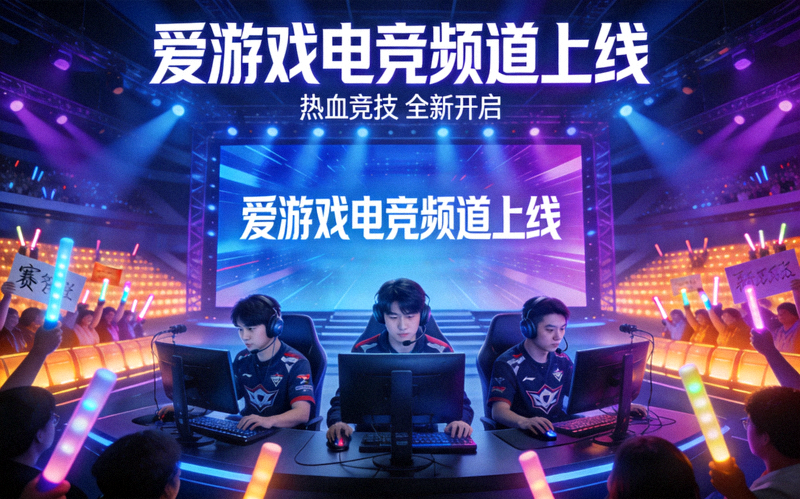 爱游戏电竞频道上线宣传图：职业电竞选手在明亮的比赛舞台上专注操作，背景是巨大的赛事屏幕和热情的观众