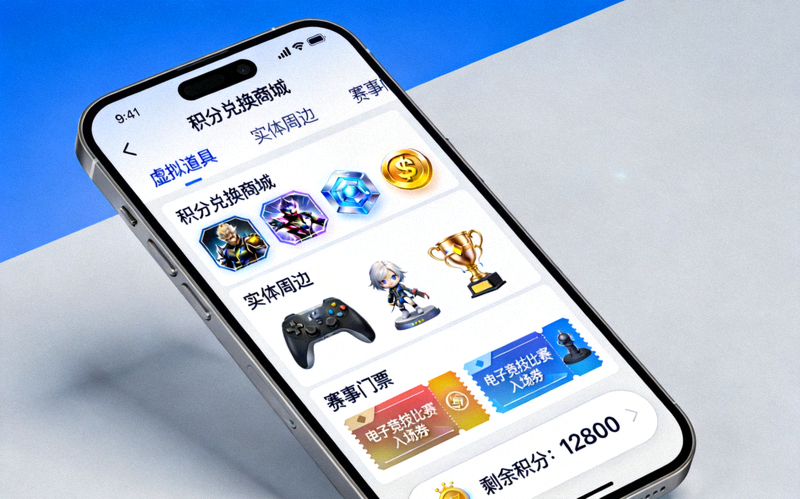 爱游戏用户奖励计划界面示意图：手机屏幕上清晰显示积分兑换商城的各种奖品，包括虚拟道具、实体周边和赛事门票