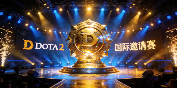 《DOTA2》国际邀请赛现场：巨大的冠军神盾摆放在舞台中央，灯光璀璨