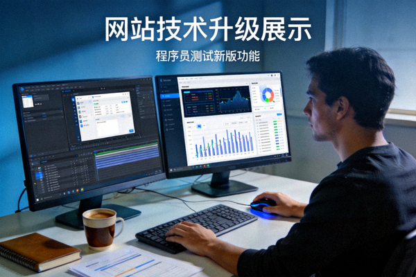 网站技术升级展示：程序员在电脑前测试新版网站功能