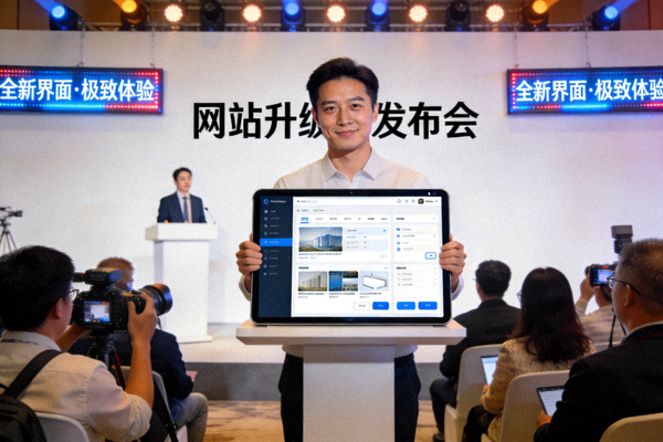 网站升级发布会现场：工作人员展示新版网站界面