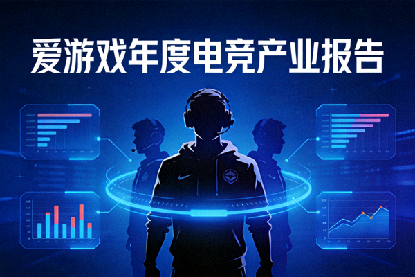 爱游戏年度电竞产业报告封面：深蓝色背景上有电竞选手剪影和数据图表元素