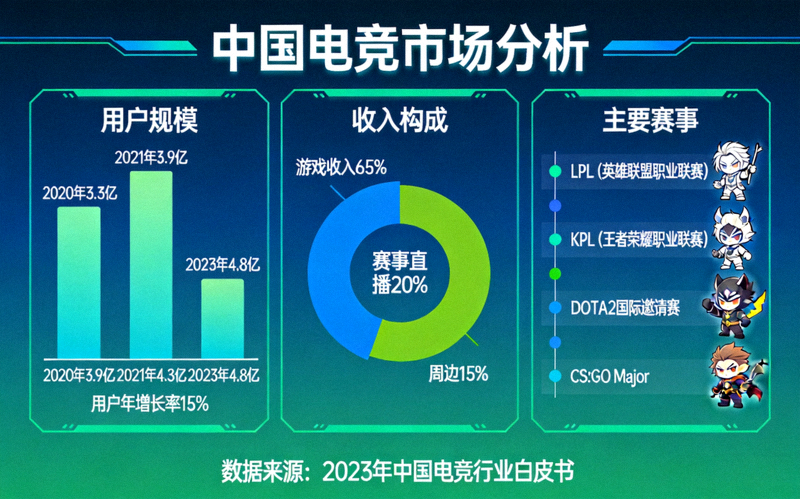 中国电竞市场分析信息图：展示用户规模、收入构成、主要赛事等数据可视化图表