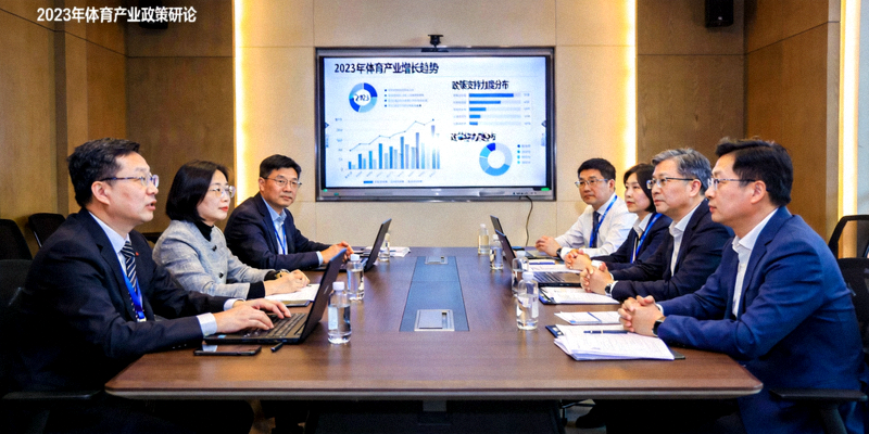 2023年体育产业政策研讨会现场 - 多位专家在会议桌前讨论，背景是体育产业数据图表