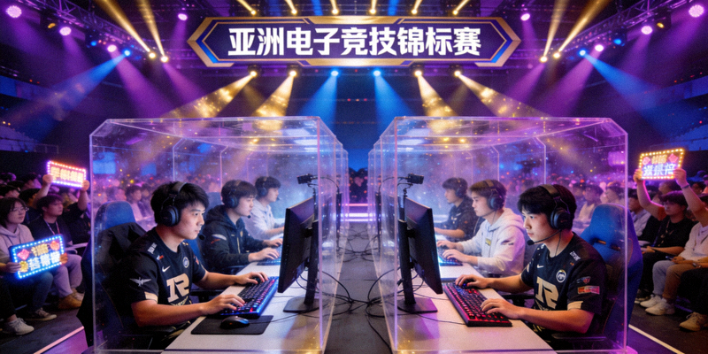 亚洲电子竞技锦标赛决赛现场 - 选手在比赛隔音房内专注操作，台下坐满观众，舞台灯光绚丽