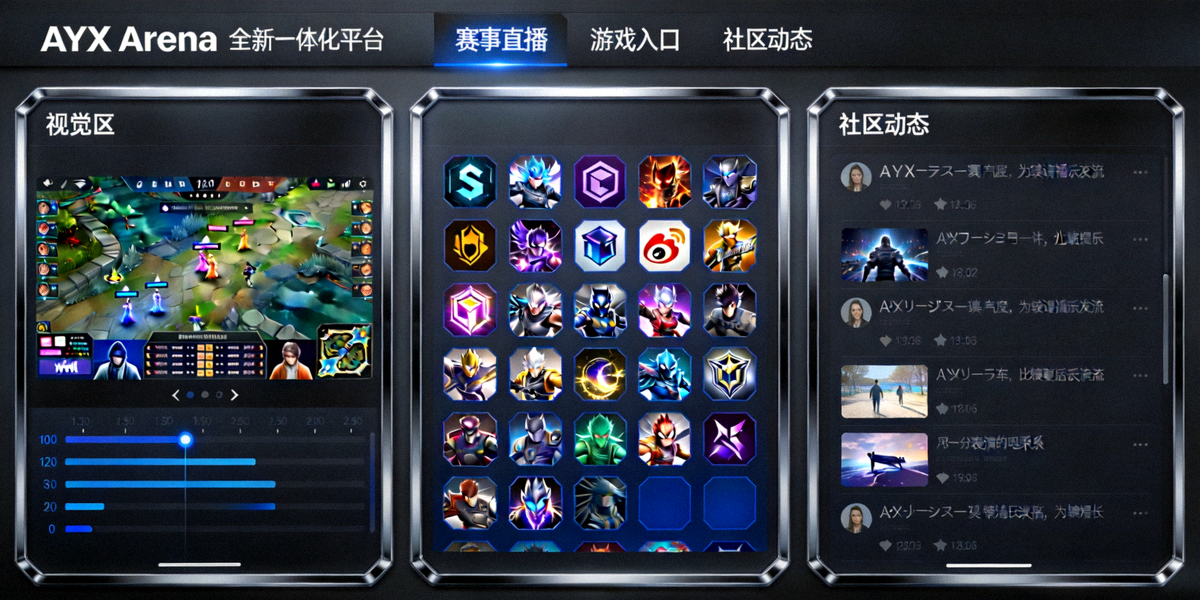 AYX Arena全新一体化平台主界面展示 - 现代化深色主题设计，集成赛事直播、游戏入口与社区动态