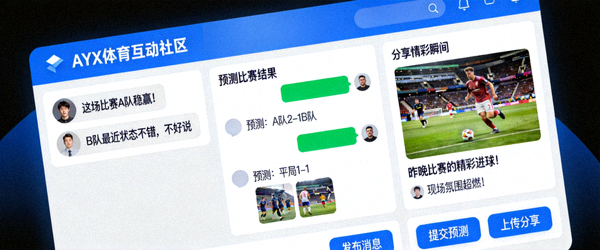 AYX体育互动社区截图，显示用户实时聊天、预测比赛结果和分享精彩瞬间