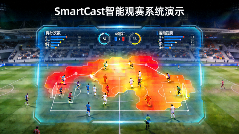 SmartCast智能观赛系统演示 - AI自动生成实时数据图表与球员追踪热力图叠加在比赛画面上