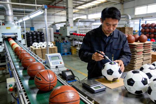 体育用品生产线上的工人正在检查产品质量