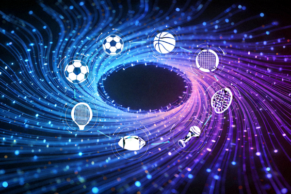 象征体育产业数字化转型的抽象概念图：数据流环绕着足球、篮球等体育图标
