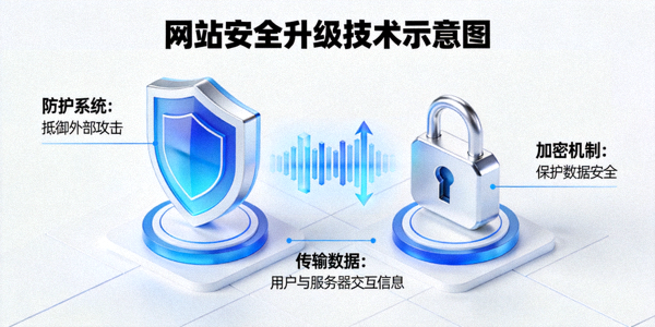 网站安全升级技术示意图：盾牌与锁保护着数据流