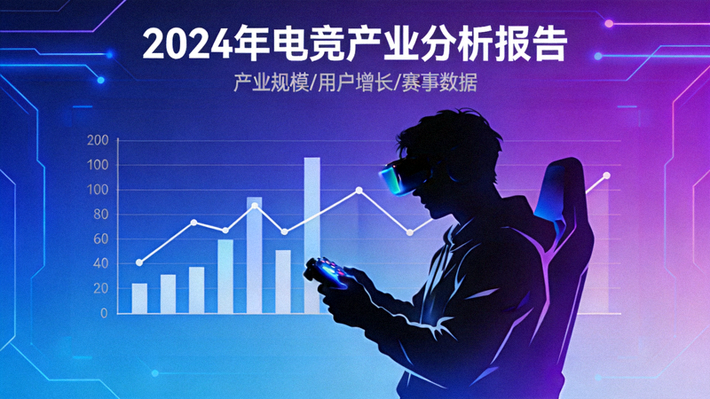 2024年电竞产业分析报告封面图：数据图表与电竞选手剪影结合的设计