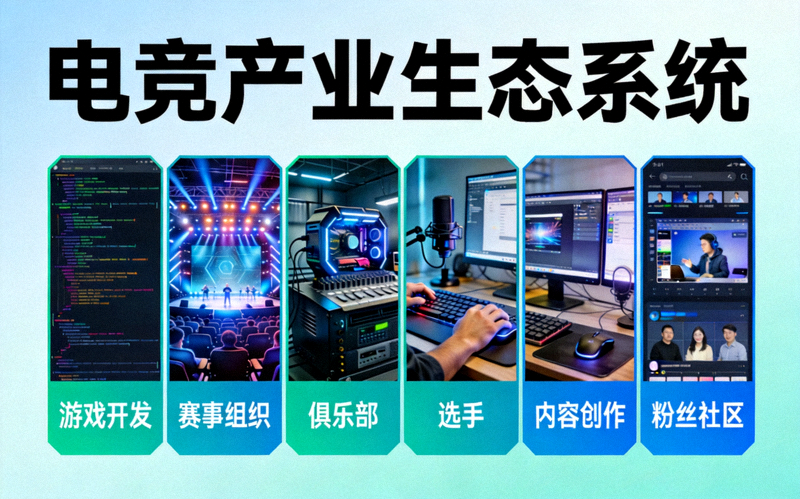 电竞产业生态系统信息图，展示从游戏开发、赛事组织、俱乐部、选手、内容创作到粉丝社区的完整链条