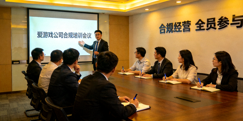 爱游戏公司合规培训会议：员工在会议室中学习最新法律法规