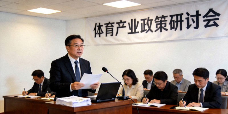 体育产业政策研讨会现场：专家在讲台上解读最新行业政策文件