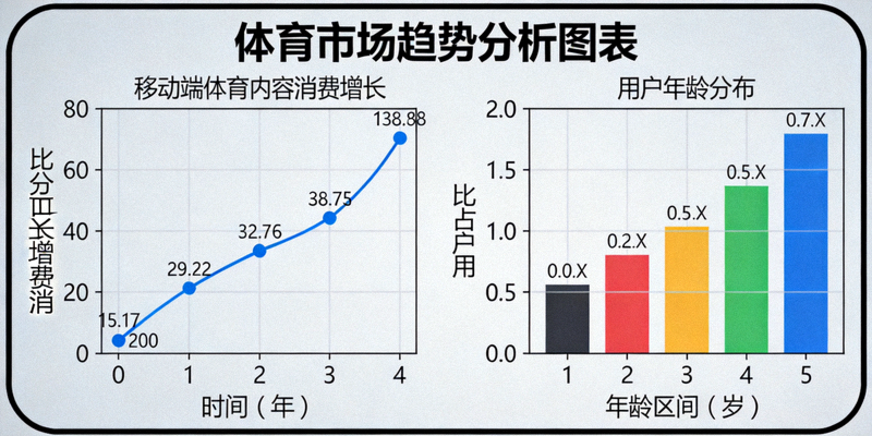 体育市场趋势分析图表：展示移动端体育内容消费增长曲线与用户年龄分布