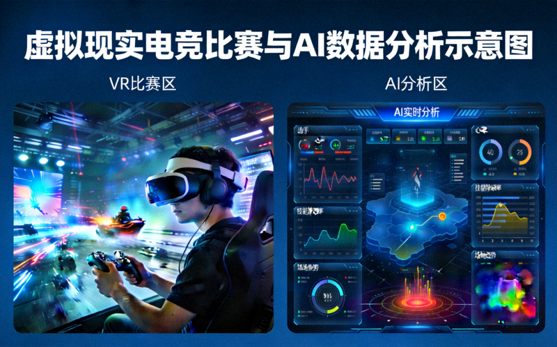 虚拟现实电竞比赛场景与人工智能数据分析界面示意图
