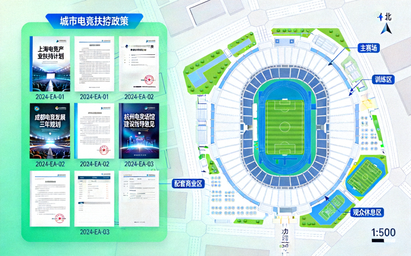 中国多个城市电竞扶持政策文件与电竞场馆规划图