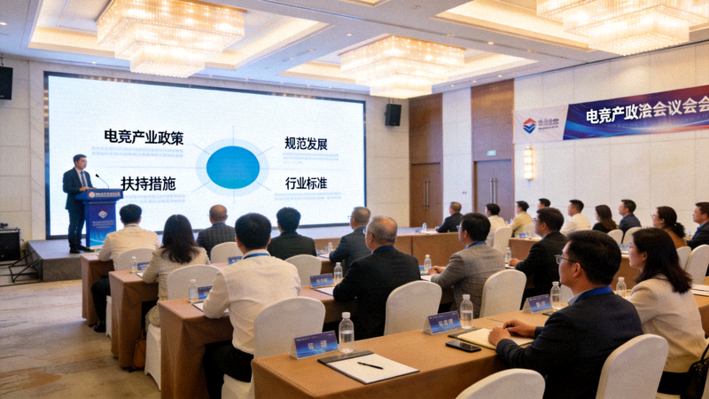 电竞产业政策研讨会现场：与会者在会议厅内专注聆听演讲，背景是显示政策关键词的大屏幕