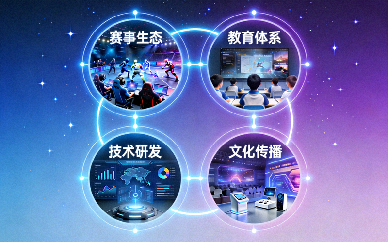 描绘未来电竞产业生态愿景的概念图：包含赛事、教育、技术、文化等多个模块相互连接