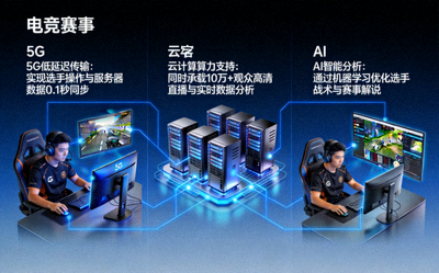 电竞技术创新示意图：展示5G、云计算、AI等技术如何应用于电竞赛事