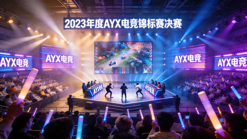 2023年度AYX电竞锦标赛决赛现场：观众座无虚席，舞台灯光璀璨，选手正在激烈对战