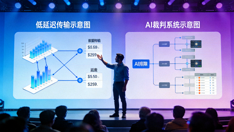 电竞技术创新峰会：演讲者在大屏幕上展示低延迟传输与AI裁判系统示意图