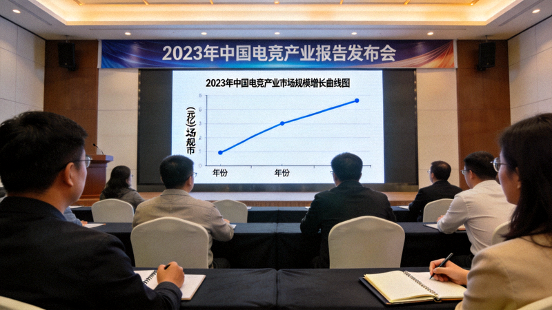 2023年中国电竞产业报告发布会现场：大屏幕上显示市场规模增长曲线图