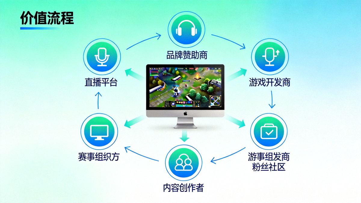 电竞商业生态示意图：画面中心是一台显示游戏画面的电脑，周围环绕着代表直播平台、品牌赞助商、游戏开发商、赛事组织方、内容创作者和粉丝社区的图标，箭头连接显示彼此间的价值流动