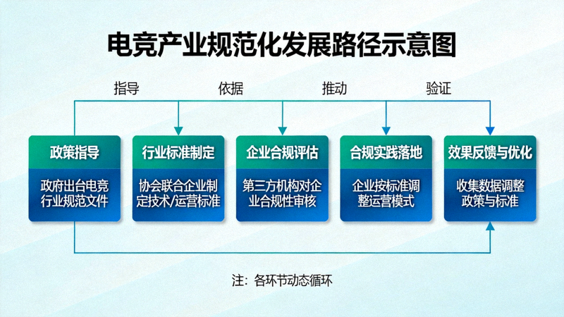 电竞产业规范化发展路径示意图：展示从政策指导到企业合规实践的流程图