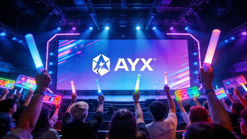 爱游戏AYX体育与电竞赛事合作品牌影响力展示图：电竞舞台大屏幕显示AYX品牌标志，现场观众热烈欢呼