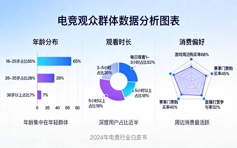 电竞观众群体数据分析图表：展示年龄分布、观看时长、消费偏好等维度