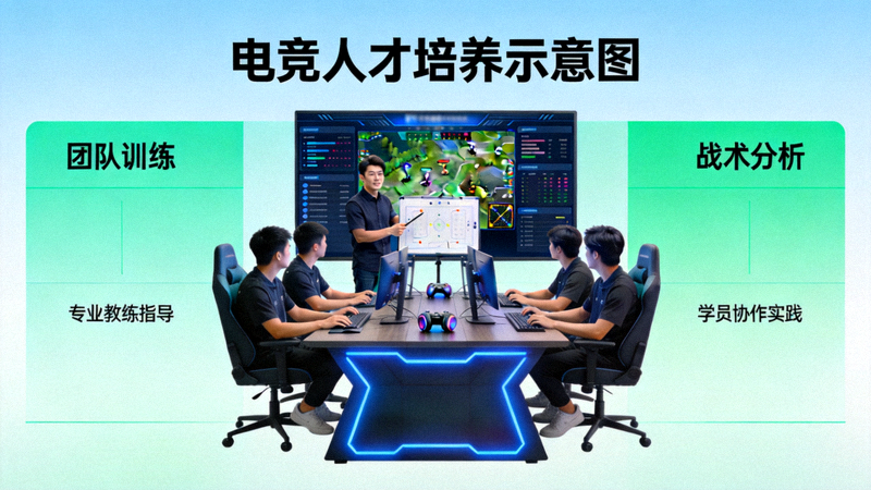 电竞人才培养示意图：年轻学员在专业教练指导下进行团队训练与分析