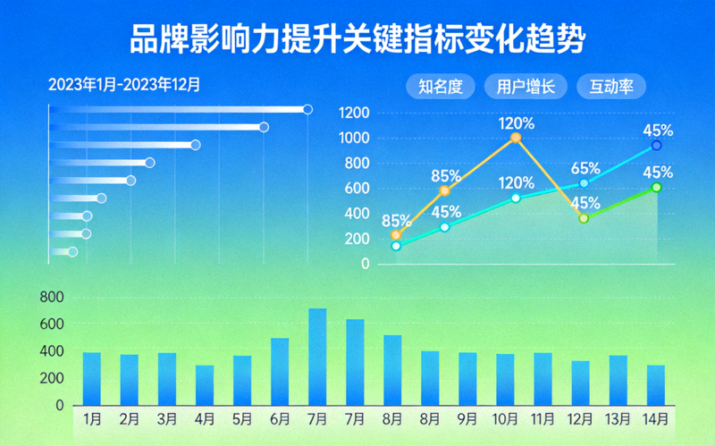 品牌影响力提升数据可视化图表：展示知名度、用户增长、互动率等关键指标的变化趋势