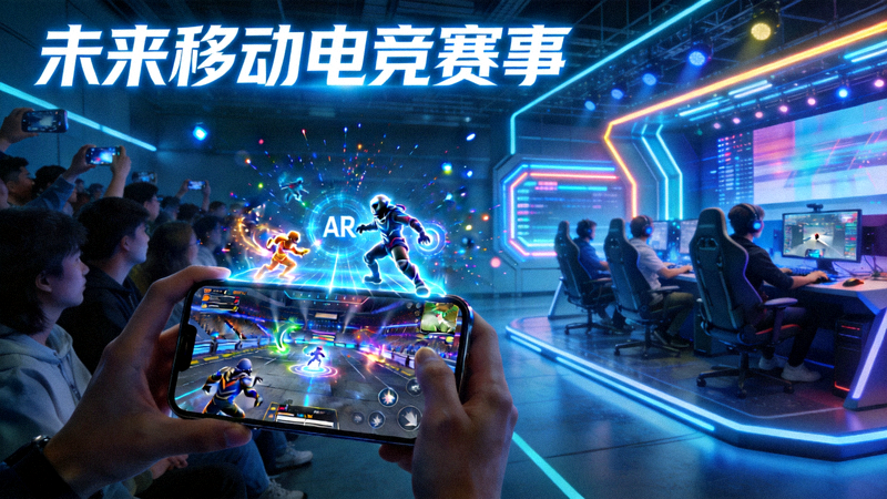 未来移动电竞赛事概念图：观众通过手机AR功能观看立体化的比赛画面，选手在现代化电竞馆中竞技
