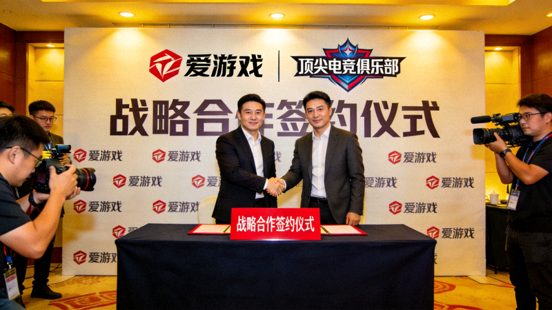 爱游戏与顶尖电竞俱乐部战略合作签约仪式现场：双方代表在签约台前握手合影