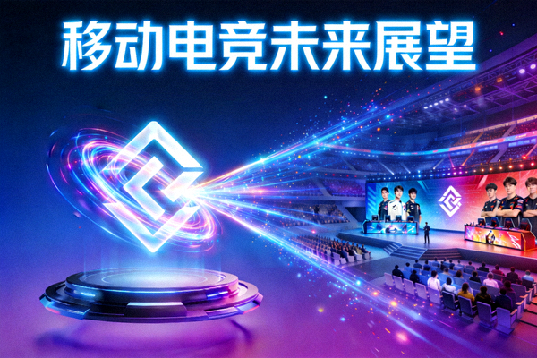 移动电竞未来展望概念图：虚拟舞台上，代表爱游戏与电竞俱乐部的光影符号交织融合，指向繁荣的电竞生态