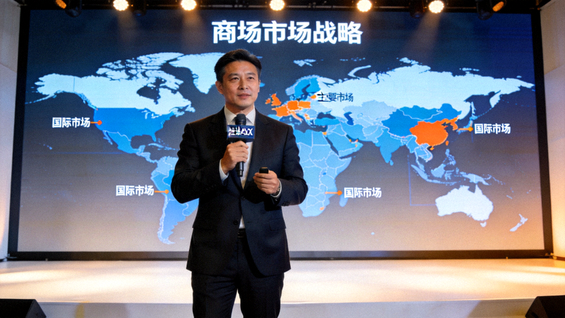 爱游戏AYX体育高管在峰会舞台上发表关于海外市场战略的主题演讲，背后屏幕显示全球地图布局