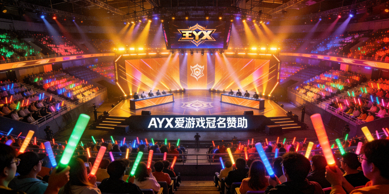 王者荣耀职业联赛现场，观众席人山人海挥舞荧光棒，舞台中央显示AYX爱游戏冠名赞助字样