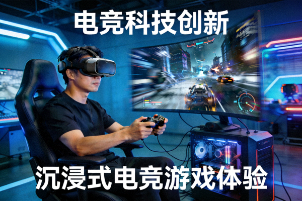 电竞科技创新：一名玩家佩戴VR设备进行沉浸式电竞游戏体验