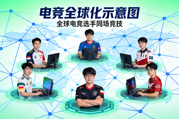 电竞全球化示意图：不同国籍的选手在同一个舞台上竞技，背景是连接全球的网络线条