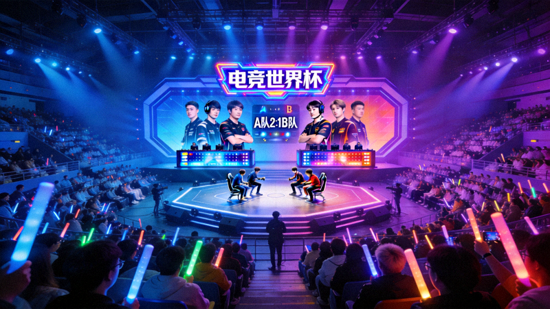 电竞世界杯比赛现场全景：灯光绚丽的舞台中央，两支战队选手正在激烈对战，观众席座无虚席，气氛热烈