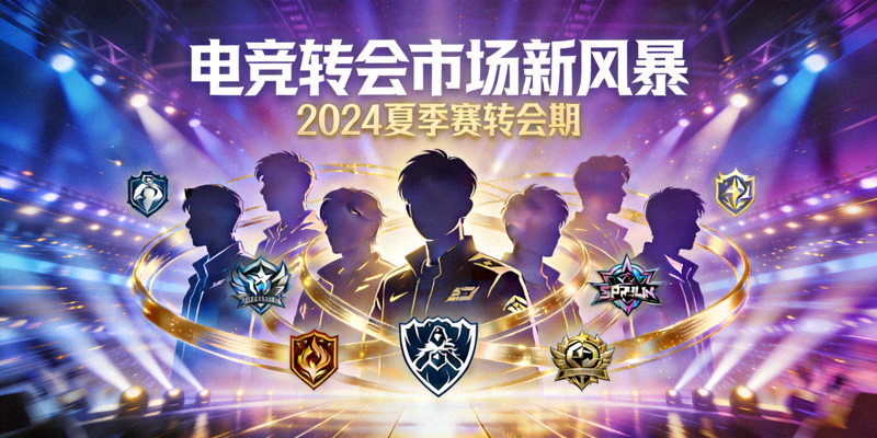 电竞转会市场新风暴概念图：多位明星选手剪影与战队标志交织，背景为夏季赛舞台灯光