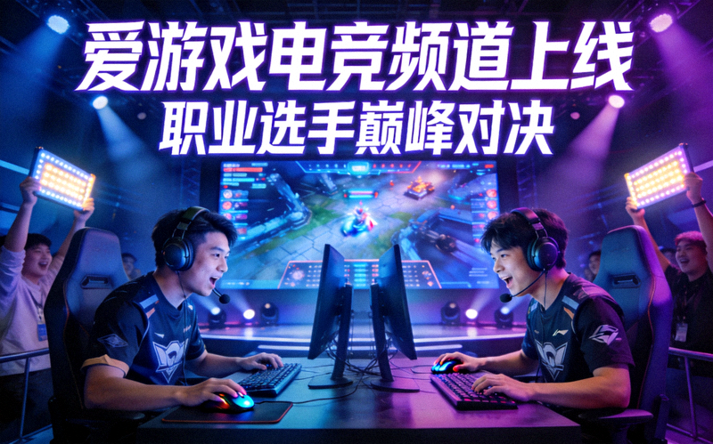 爱游戏电竞频道上线宣传图：职业电竞选手在比赛舞台上激烈对决
