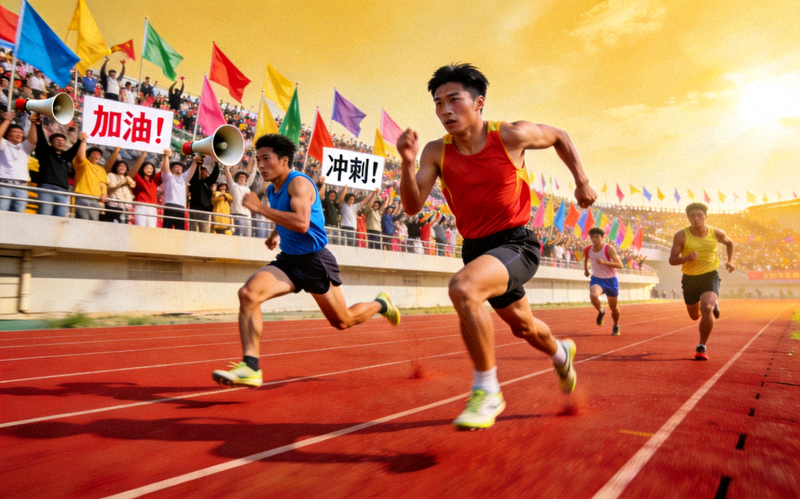 田径综合体育赛事：运动员在跑道上全力冲刺，现场观众热情加油的画面