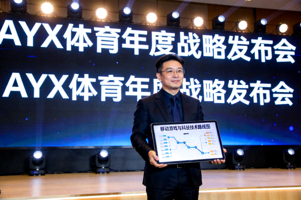 AYX体育年度战略发布会现场：高管在台上展示移动游戏与技术创新路线图
