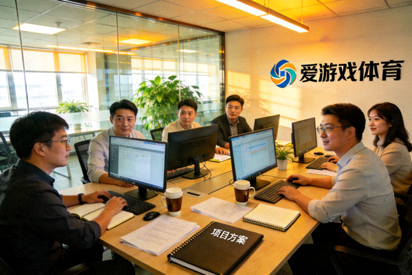 爱游戏体育公司团队在现代办公室内协作办公的场景，员工正在电脑前讨论方案