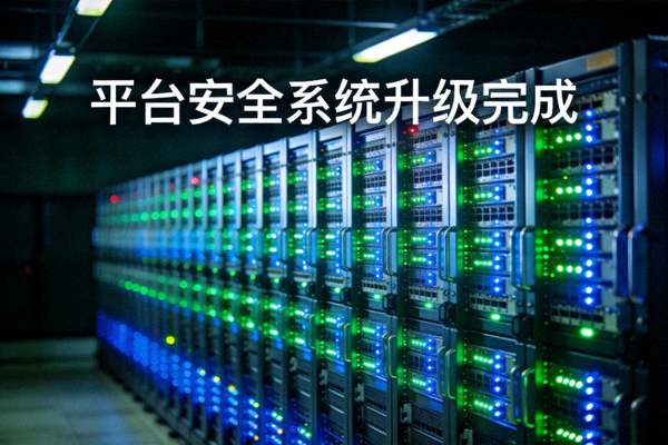 服务器机房内整齐排列的设备指示灯闪烁，代表平台安全系统完成升级