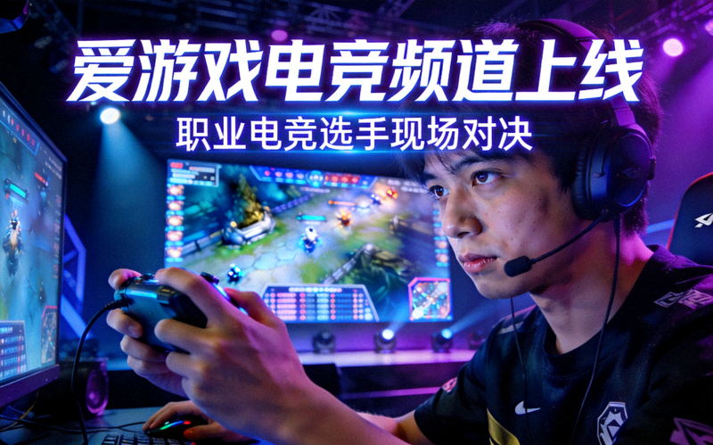 爱游戏电竞频道上线宣传图：职业电竞选手在舞台上专注操作的场景